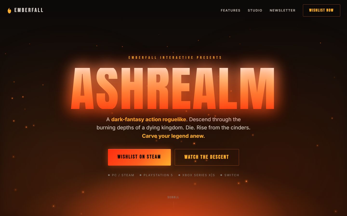 Emberfall Interactive — Ashrealm game launch page